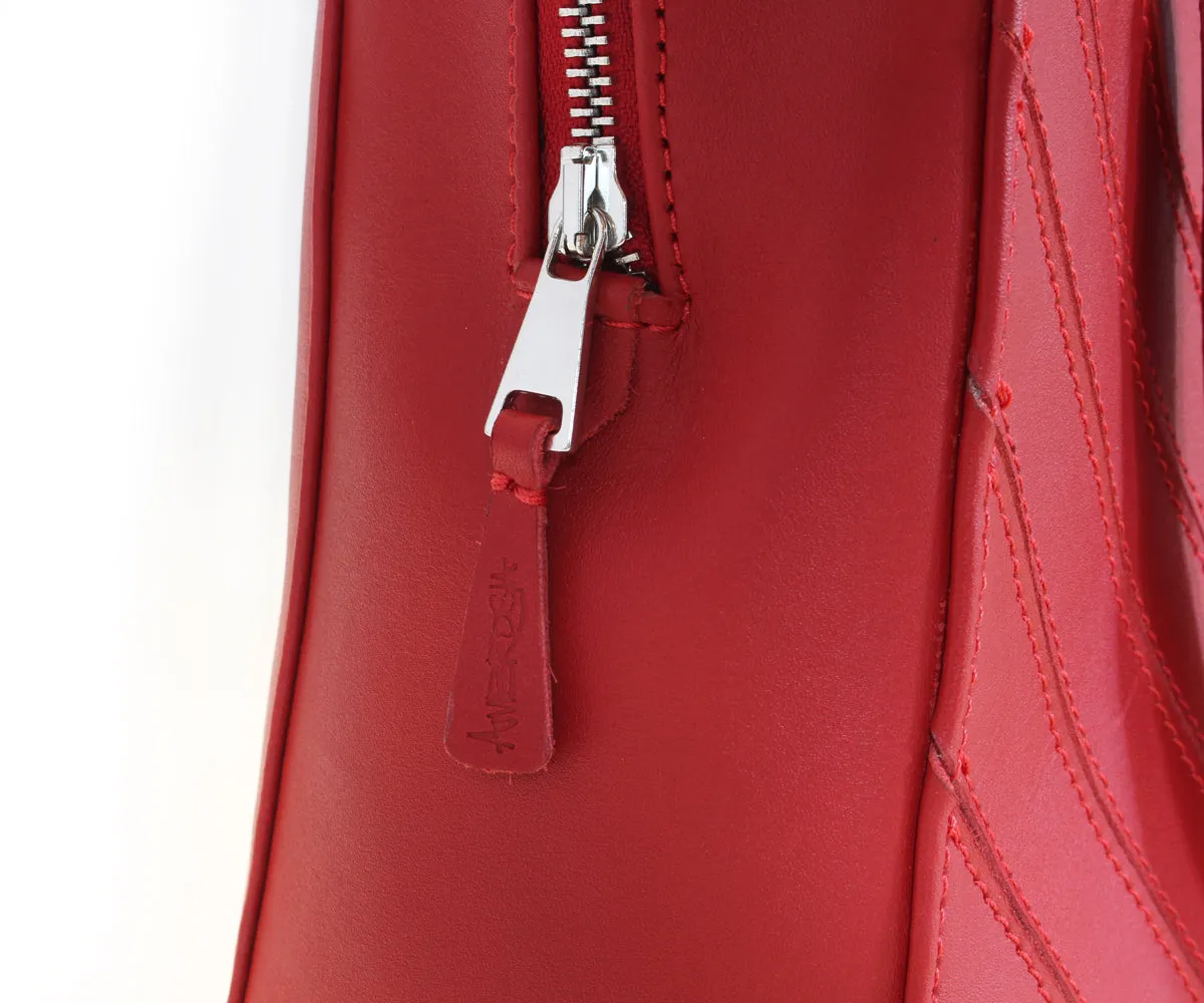 Criss-Cross Genuine Leather Lipstick Red Satchel