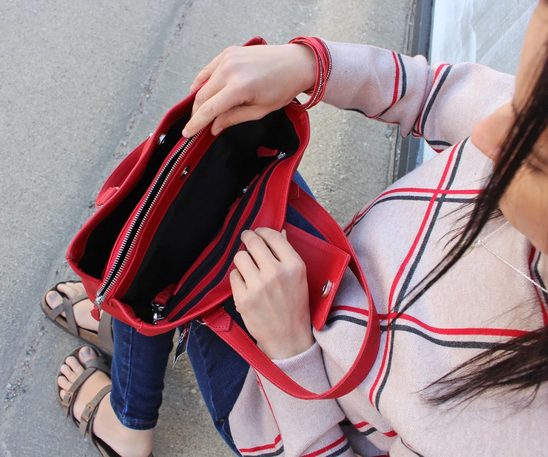 Criss-Cross Genuine Leather Lipstick Red Satchel