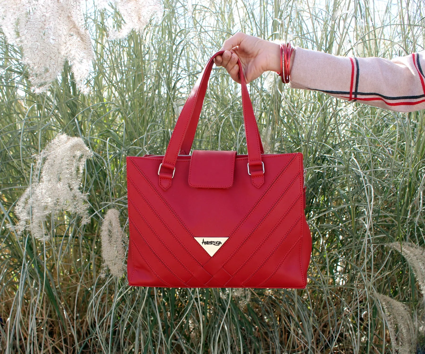 Criss-Cross Genuine Leather Lipstick Red Satchel