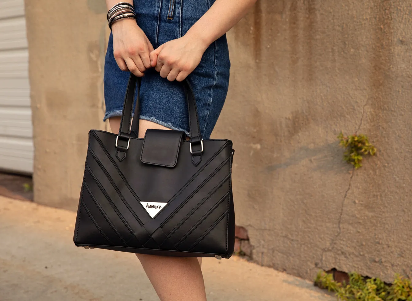 Criss-Cross Genuine Leather Matte Black Satchel