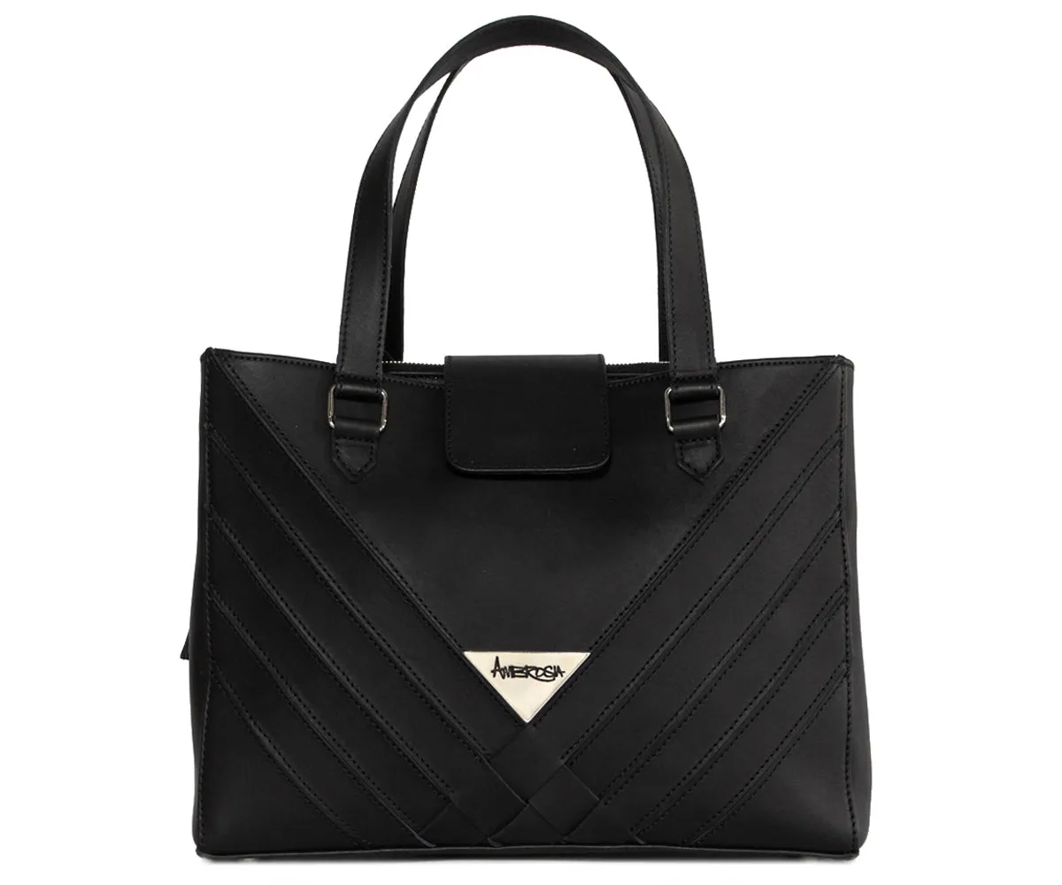 Criss-Cross Genuine Leather Matte Black Satchel