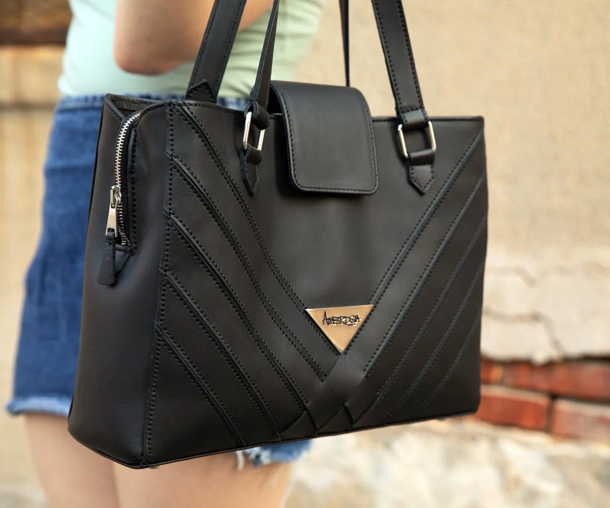 Criss-Cross Genuine Leather Matte Black Satchel