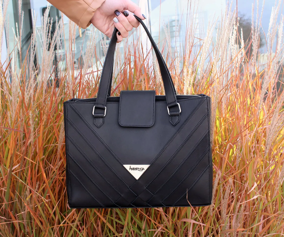 Criss-Cross Genuine Leather Matte Black Satchel