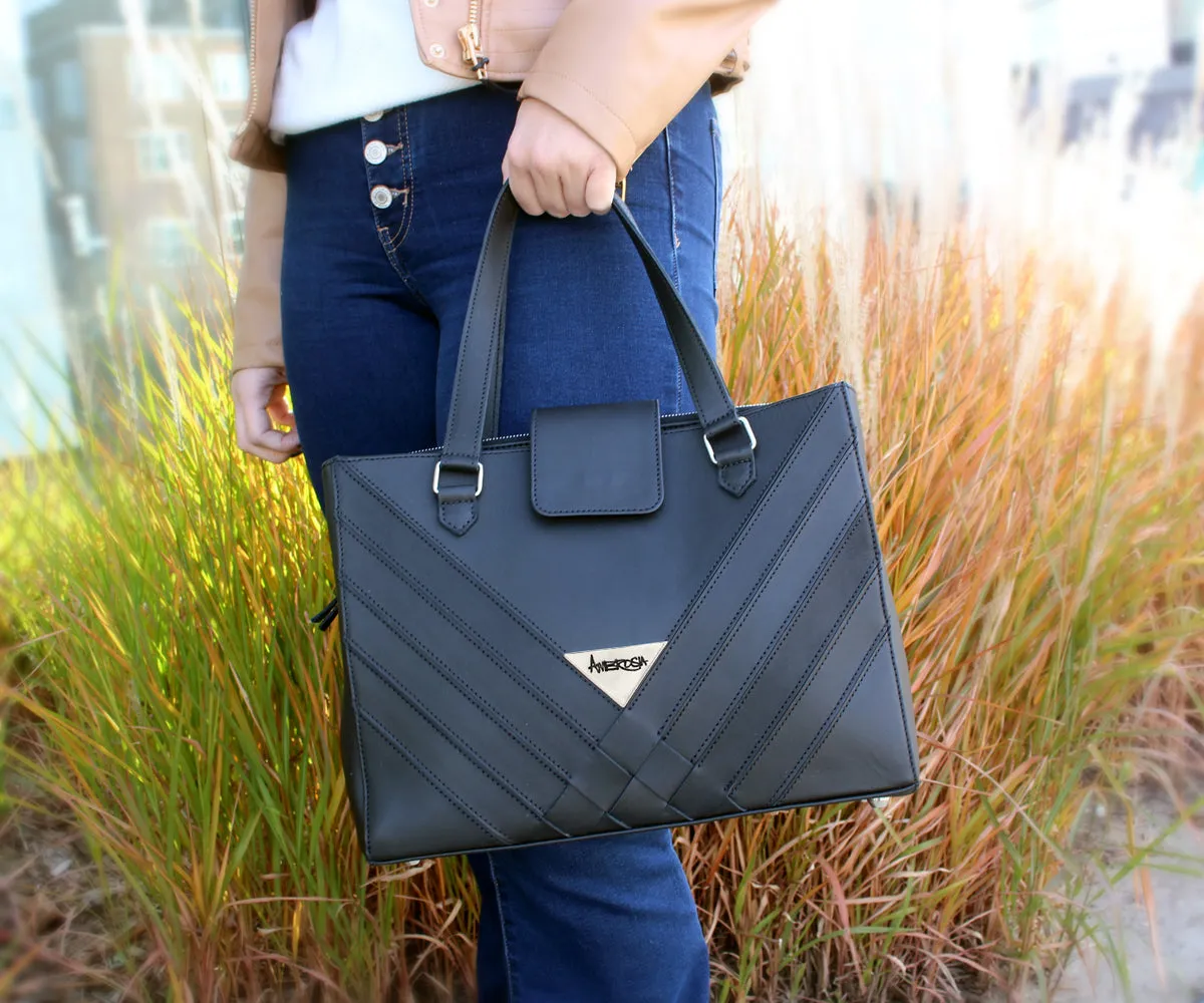 Criss-Cross Genuine Leather Matte Black Satchel