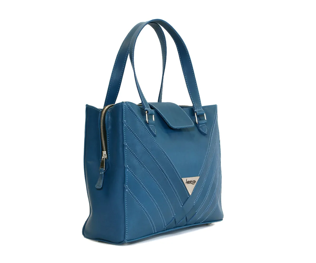 Criss-Cross Genuine Leather Prussian Blue Satchel