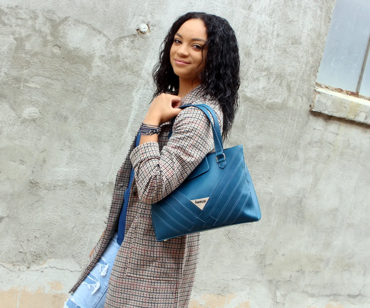 Criss-Cross Genuine Leather Prussian Blue Satchel