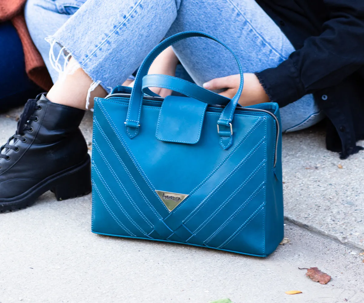 Criss-Cross Genuine Leather Prussian Blue Satchel