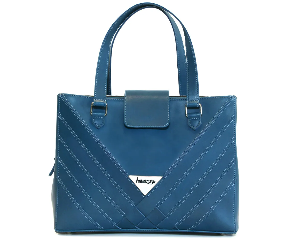 Criss-Cross Genuine Leather Prussian Blue Satchel
