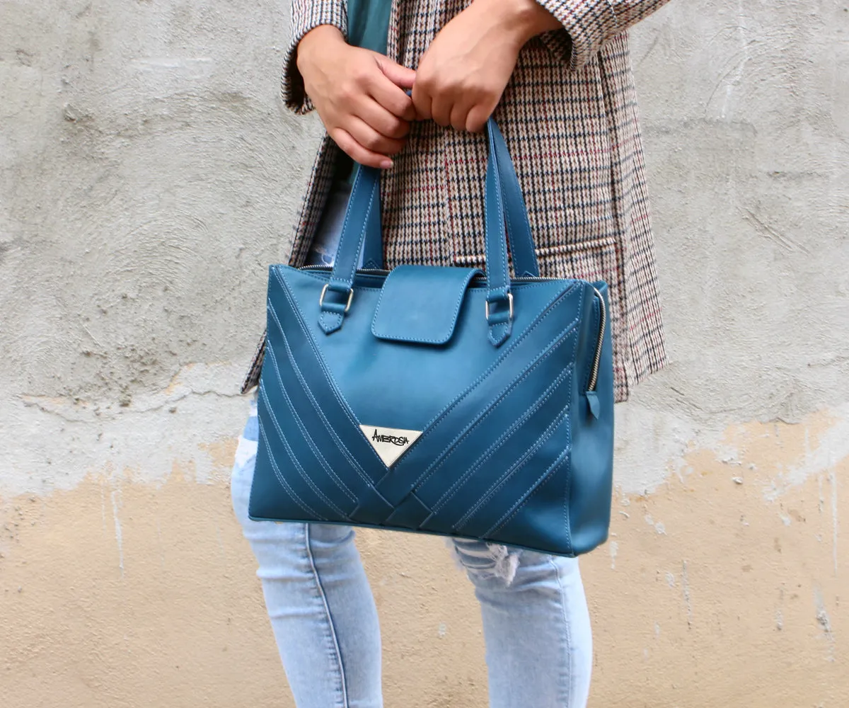 Criss-Cross Genuine Leather Prussian Blue Satchel