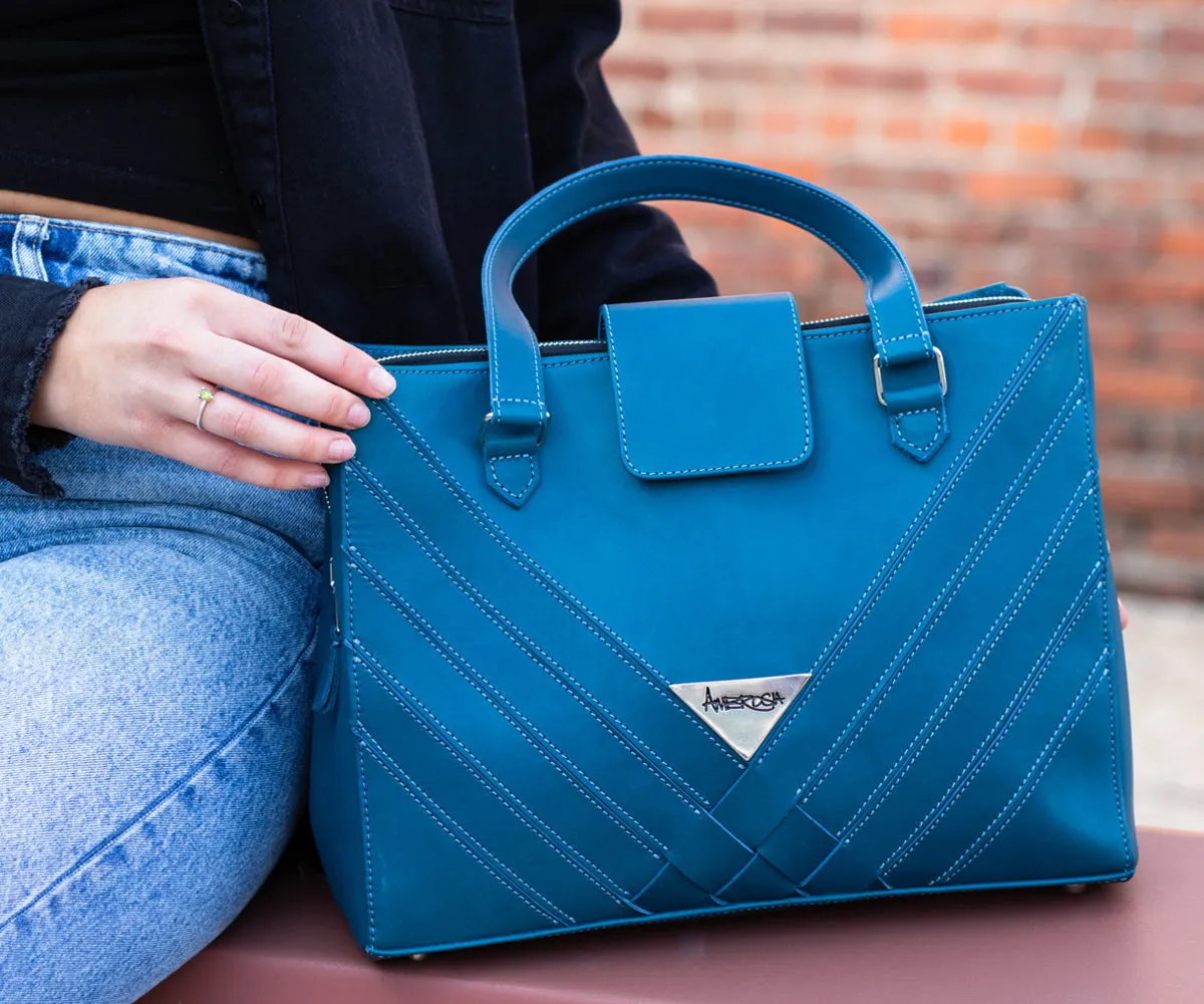 Criss-Cross Genuine Leather Prussian Blue Satchel