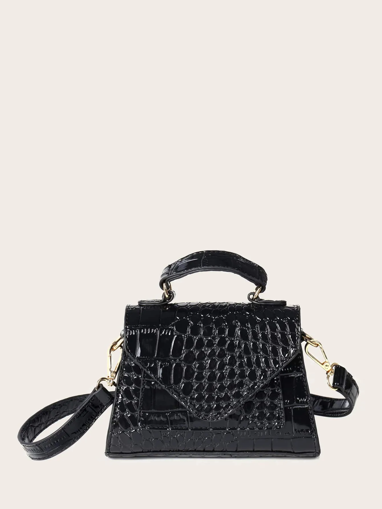 Croc Embossed Patent Satchel Bag - Black