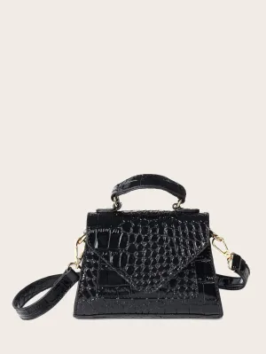 Croc Embossed Patent Satchel Bag - Black