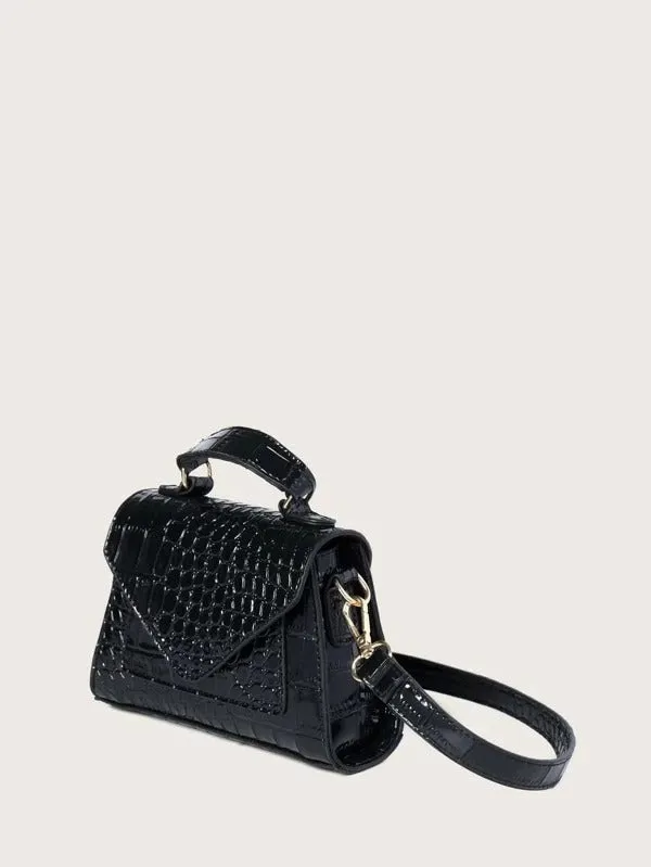Croc Embossed Patent Satchel Bag - Black
