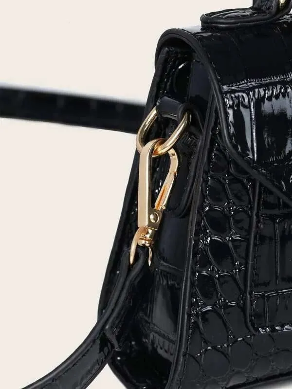 Croc Embossed Patent Satchel Bag - Black
