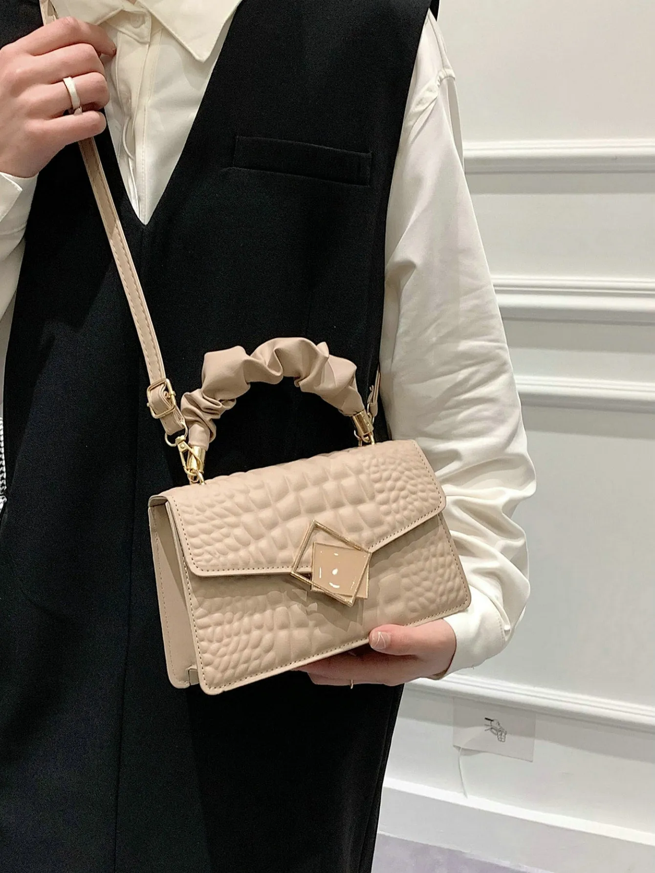 Crocodile Embossed Ruched Top Handle Flap Square Bag - Khaki