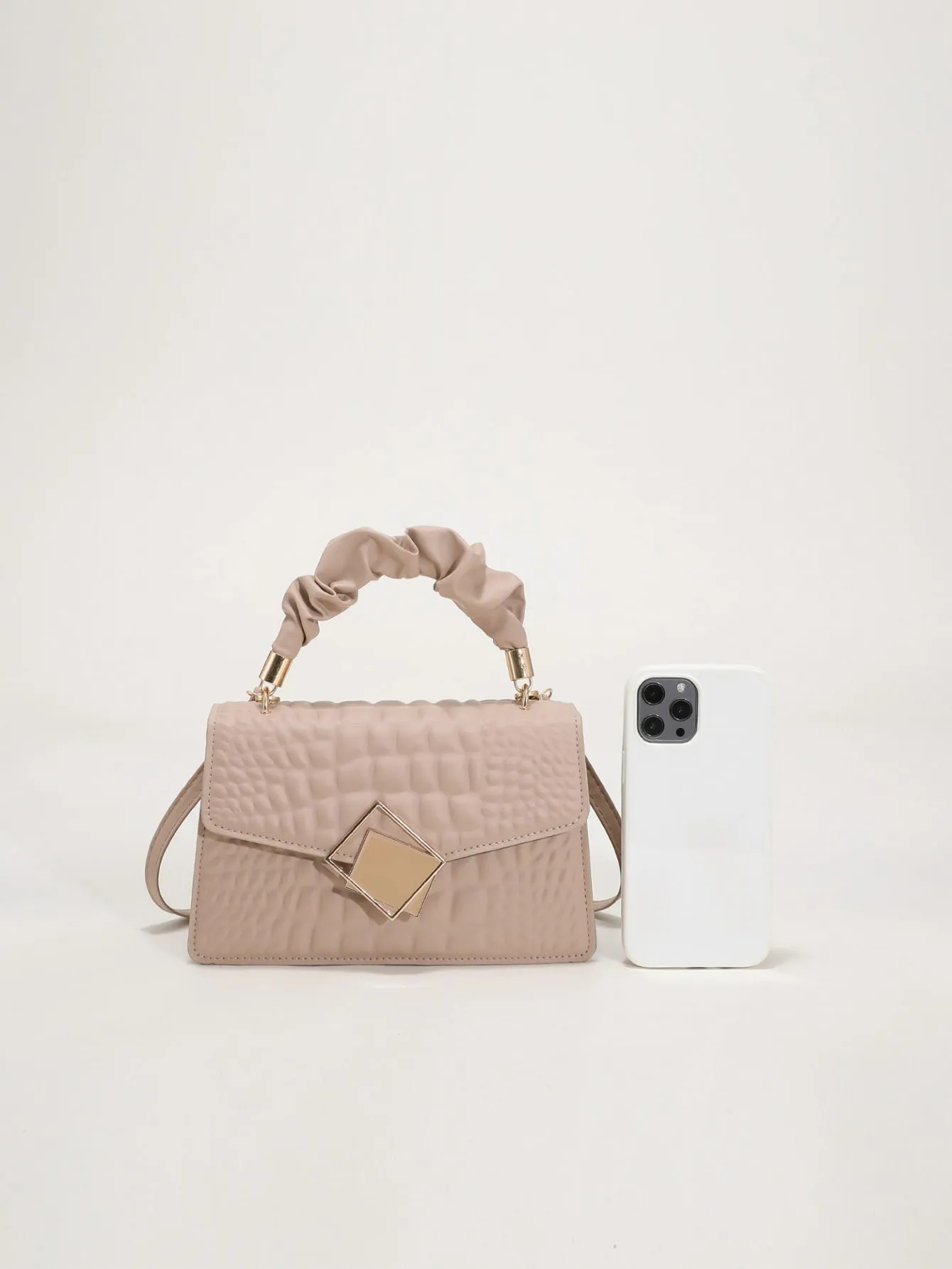 Crocodile Embossed Ruched Top Handle Flap Square Bag - Khaki