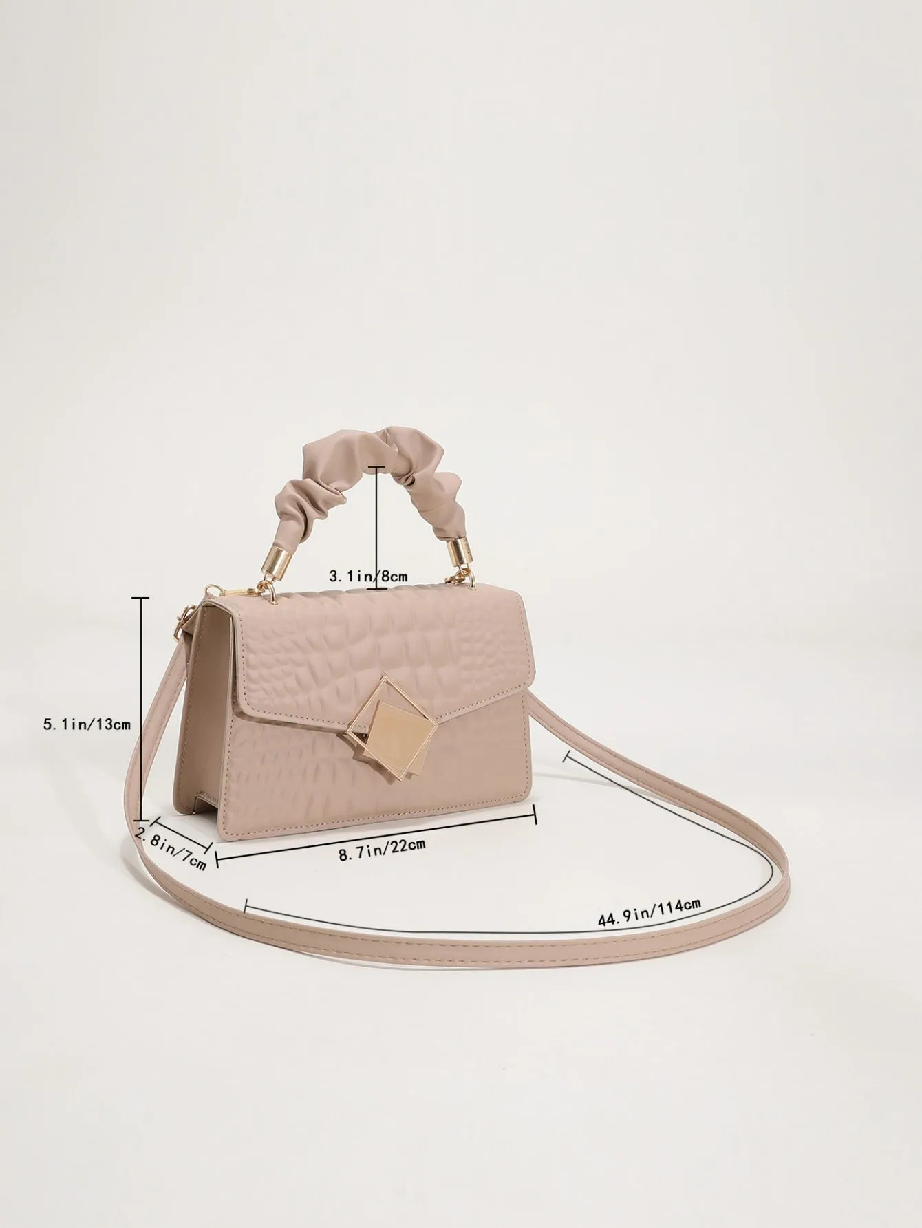 Crocodile Embossed Ruched Top Handle Flap Square Bag - Khaki
