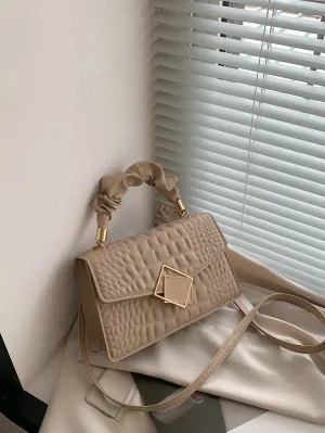 Crocodile Embossed Ruched Top Handle Flap Square Bag - Khaki