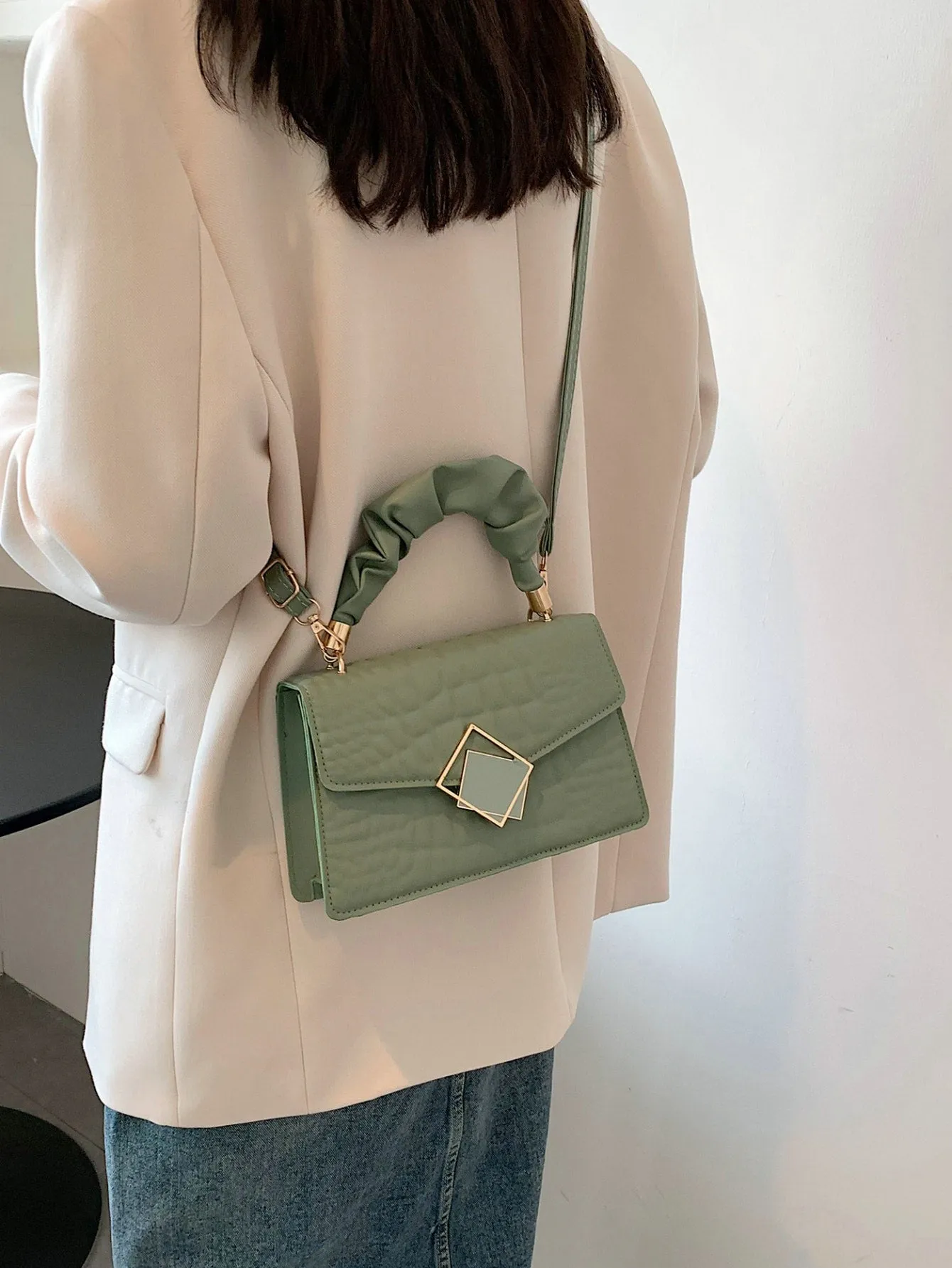 Crocodile Embossed Ruched Top Handle Flap Square Bag - Mint Green