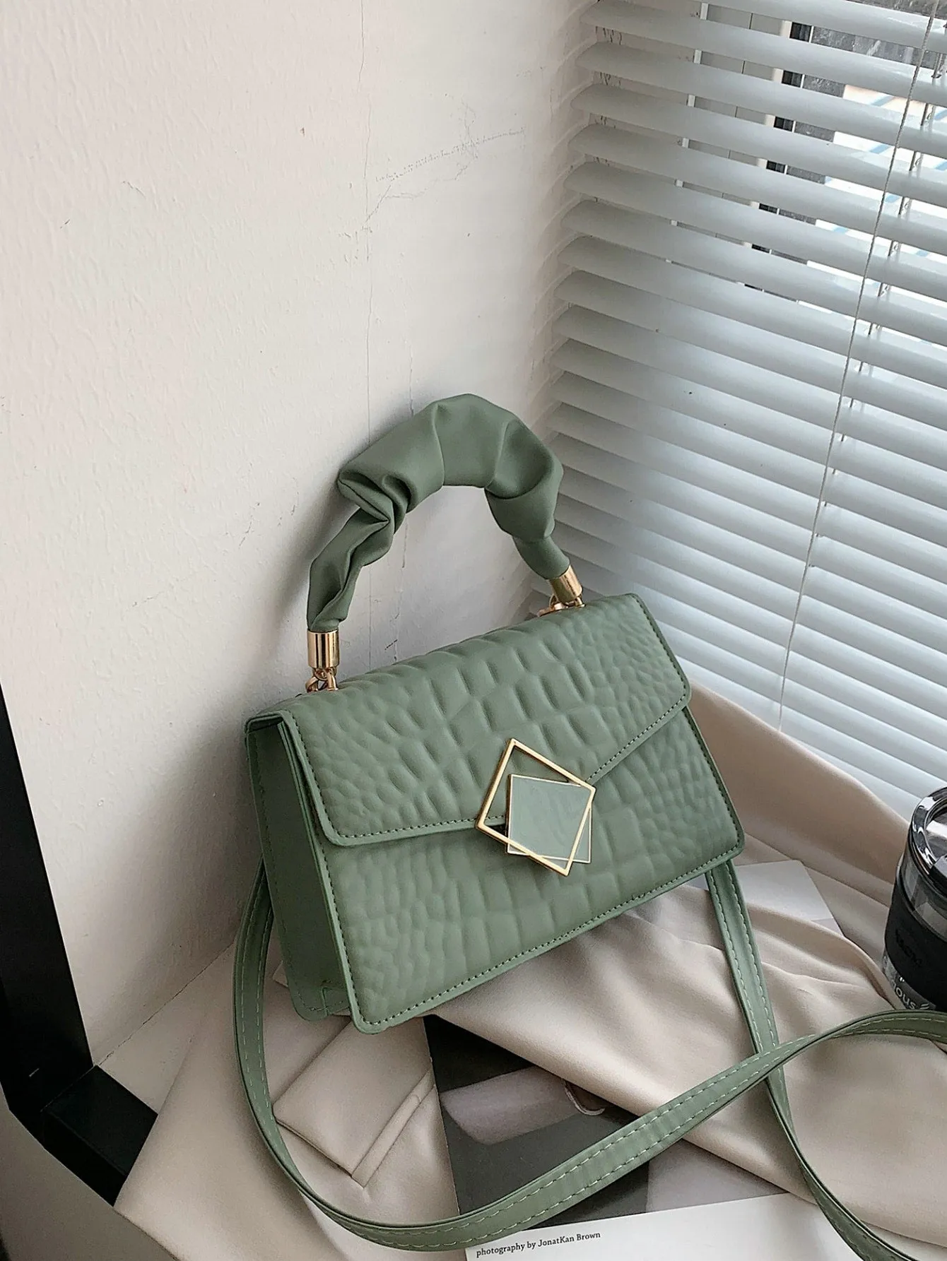 Crocodile Embossed Ruched Top Handle Flap Square Bag - Mint Green