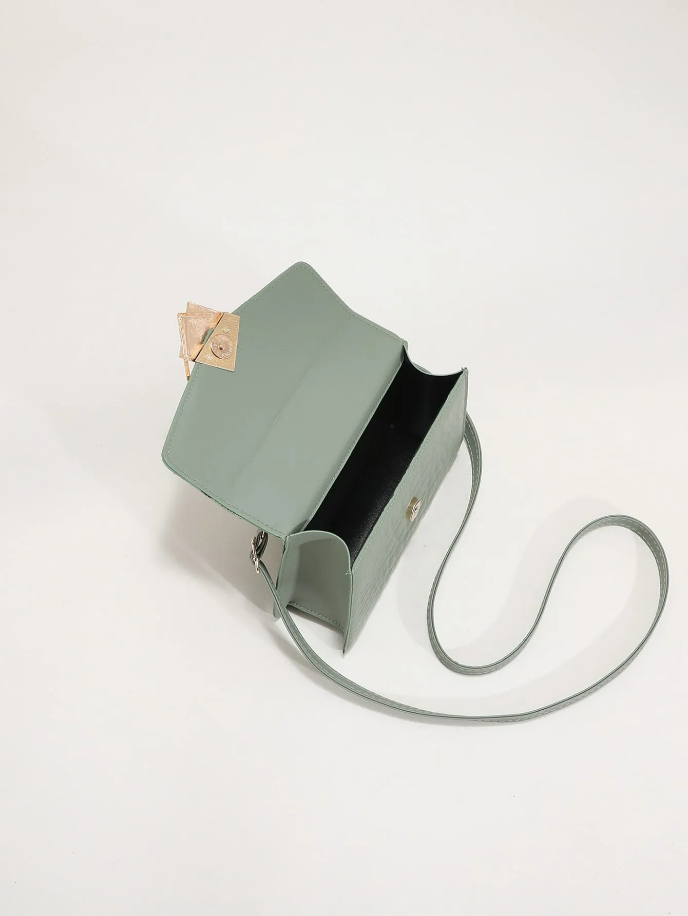 Crocodile Embossed Ruched Top Handle Flap Square Bag - Mint Green