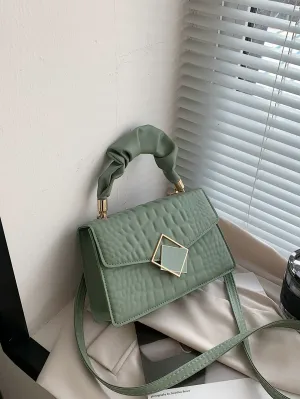 Crocodile Embossed Ruched Top Handle Flap Square Bag - Mint Green
