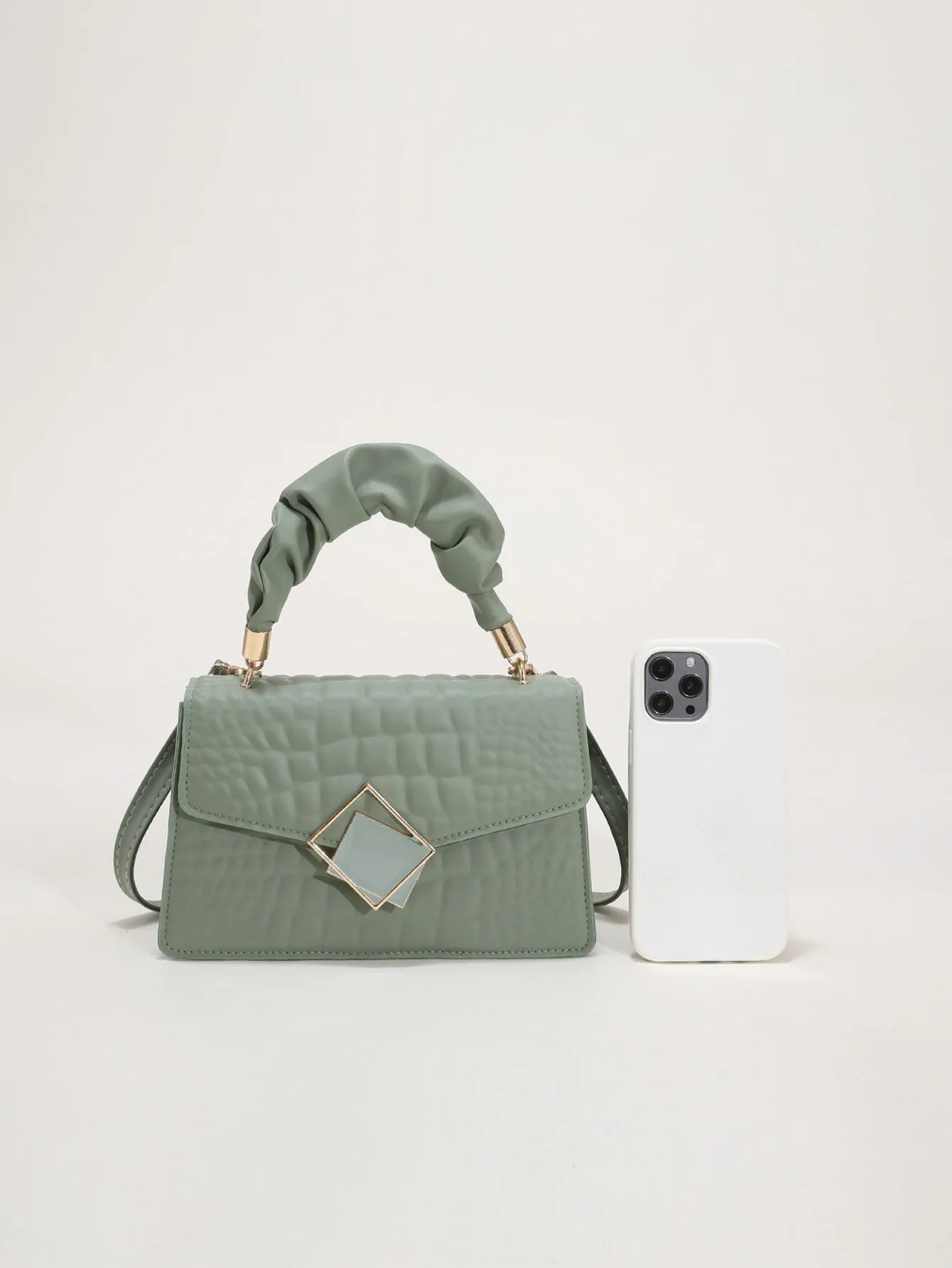 Crocodile Embossed Ruched Top Handle Flap Square Bag - Mint Green