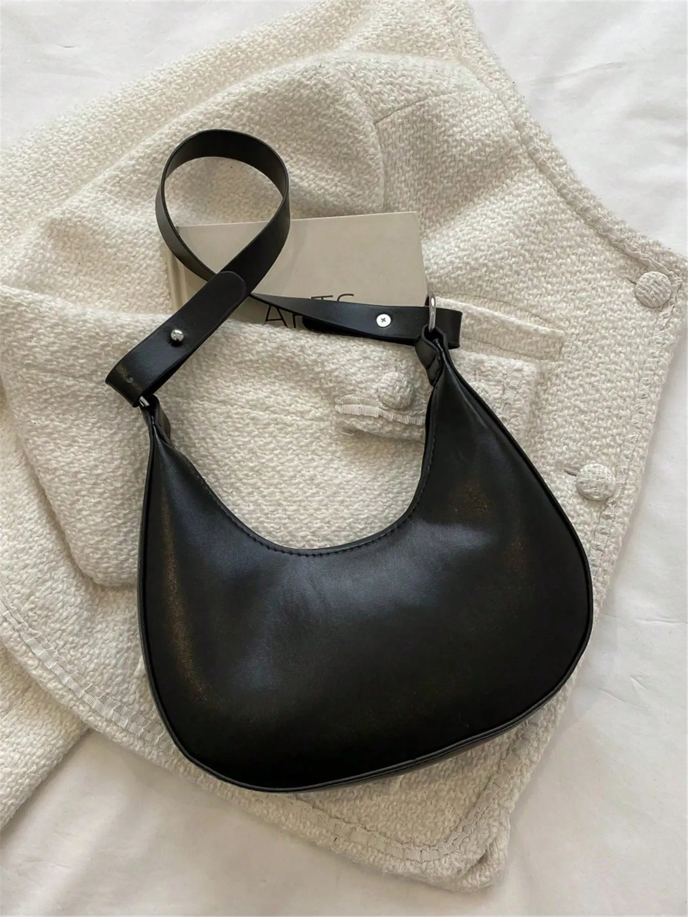 Crystal Studded Design Hobo Bag - Black