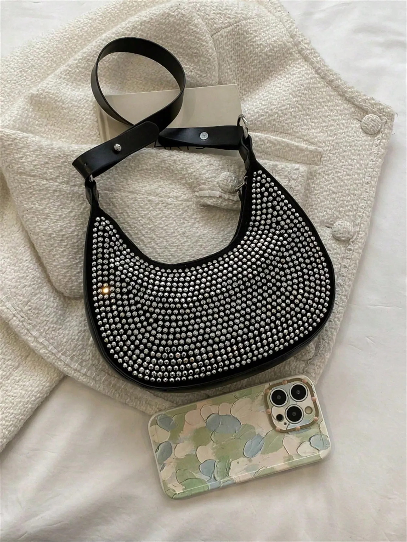 Crystal Studded Design Hobo Bag - Black