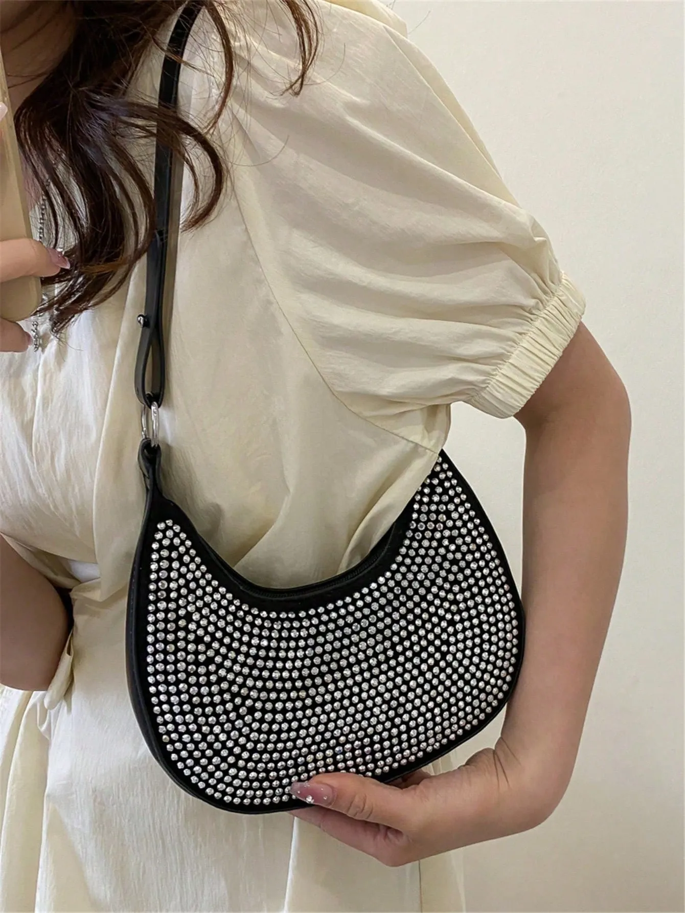 Crystal Studded Design Hobo Bag - Black