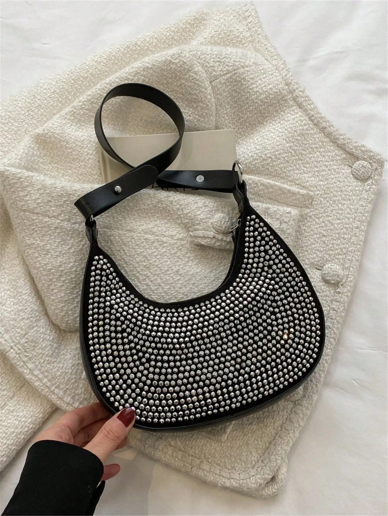Crystal Studded Design Hobo Bag - Black