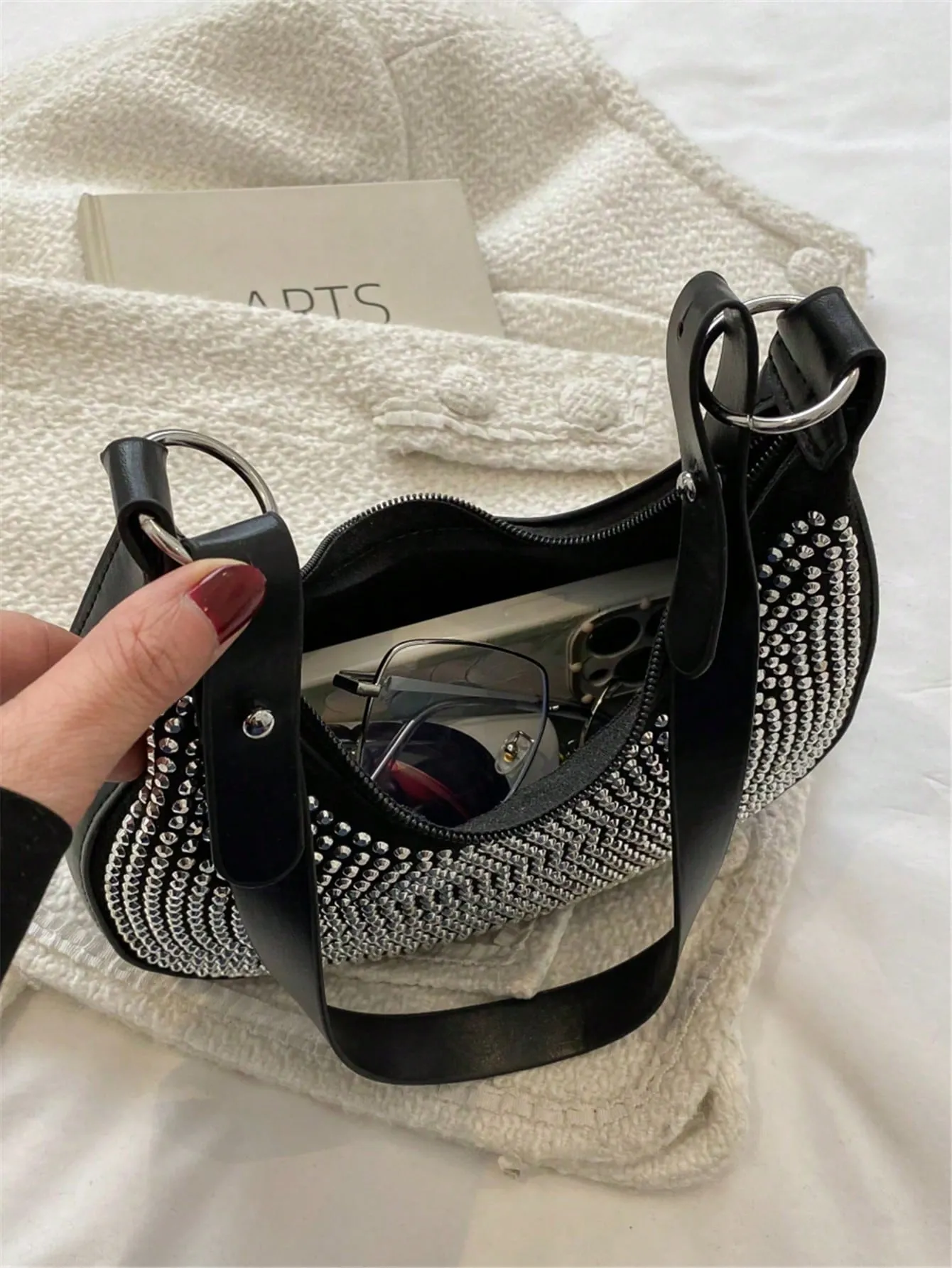 Crystal Studded Design Hobo Bag - Black