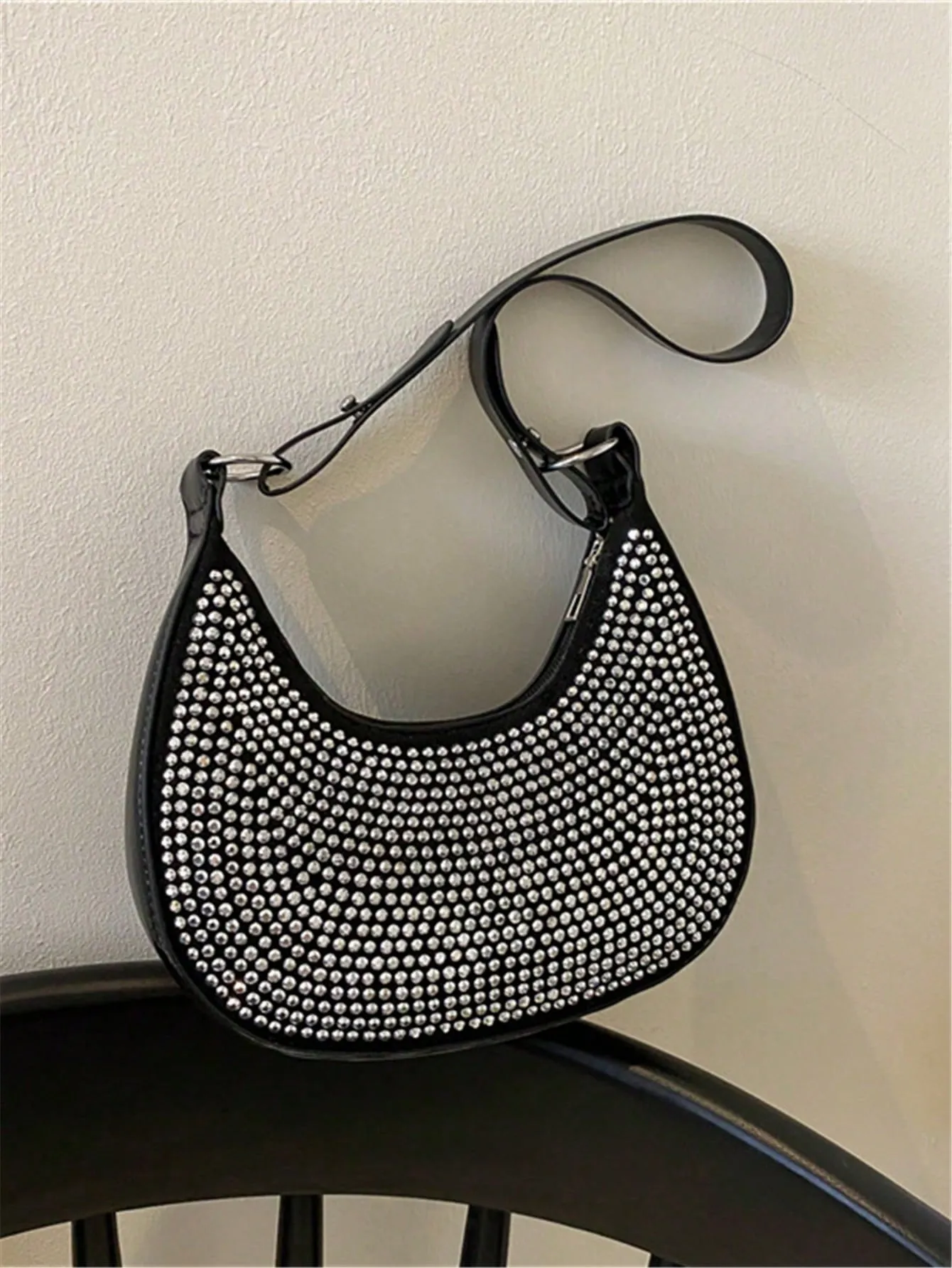 Crystal Studded Design Hobo Bag - Black