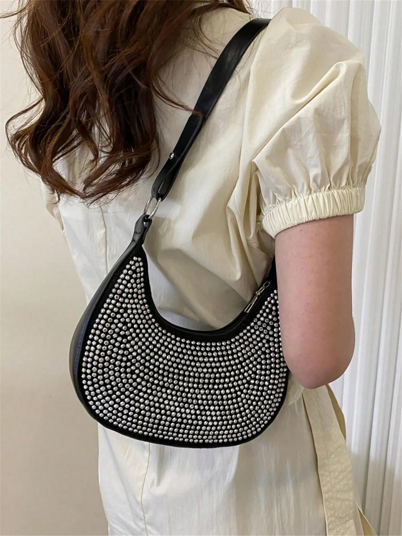 Crystal Studded Design Hobo Bag - Black