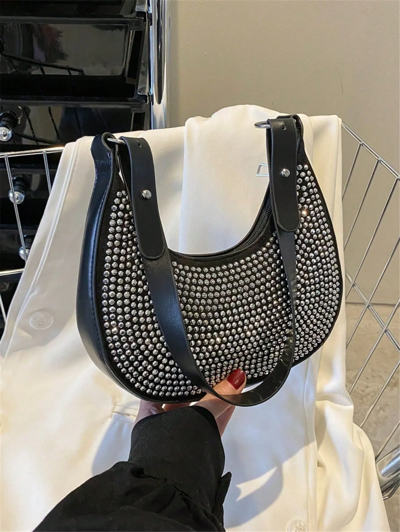 Crystal Studded Design Hobo Bag - Black