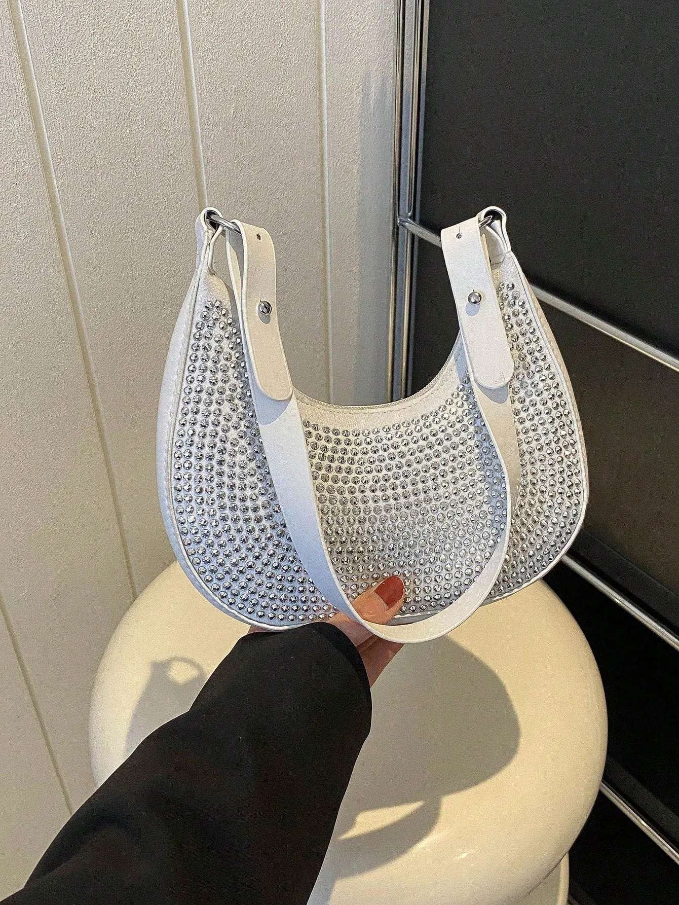 Crystal Studded Design Hobo Bag - White