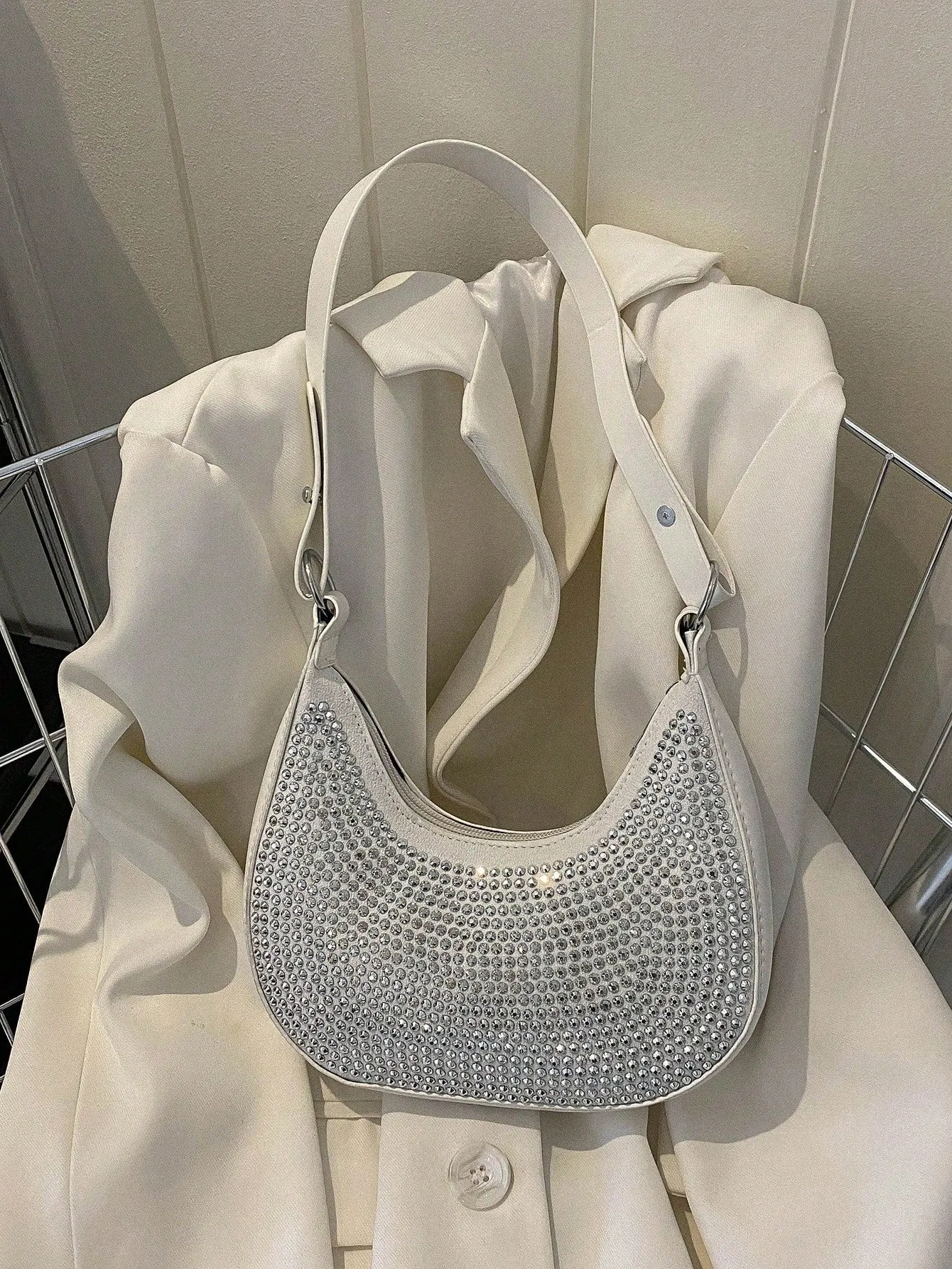 Crystal Studded Design Hobo Bag - White