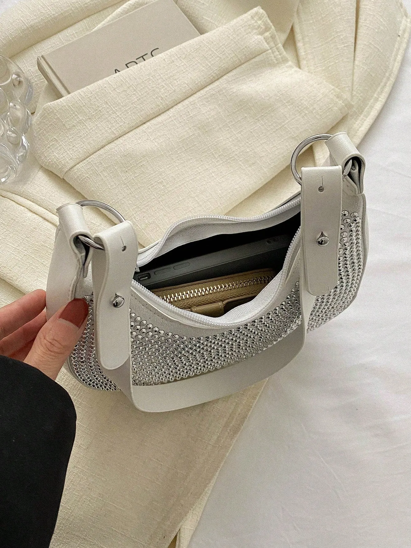 Crystal Studded Design Hobo Bag - White