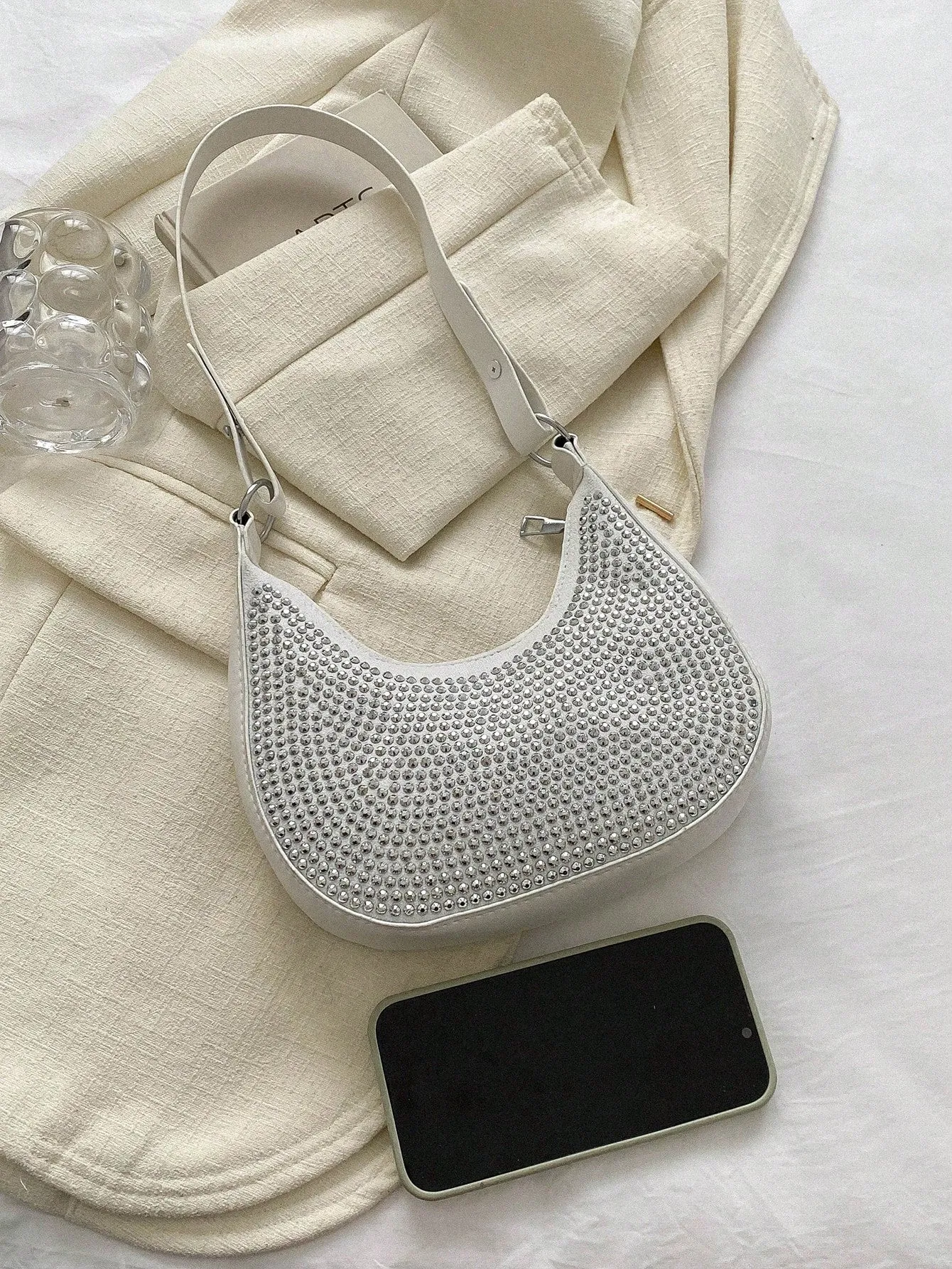 Crystal Studded Design Hobo Bag - White