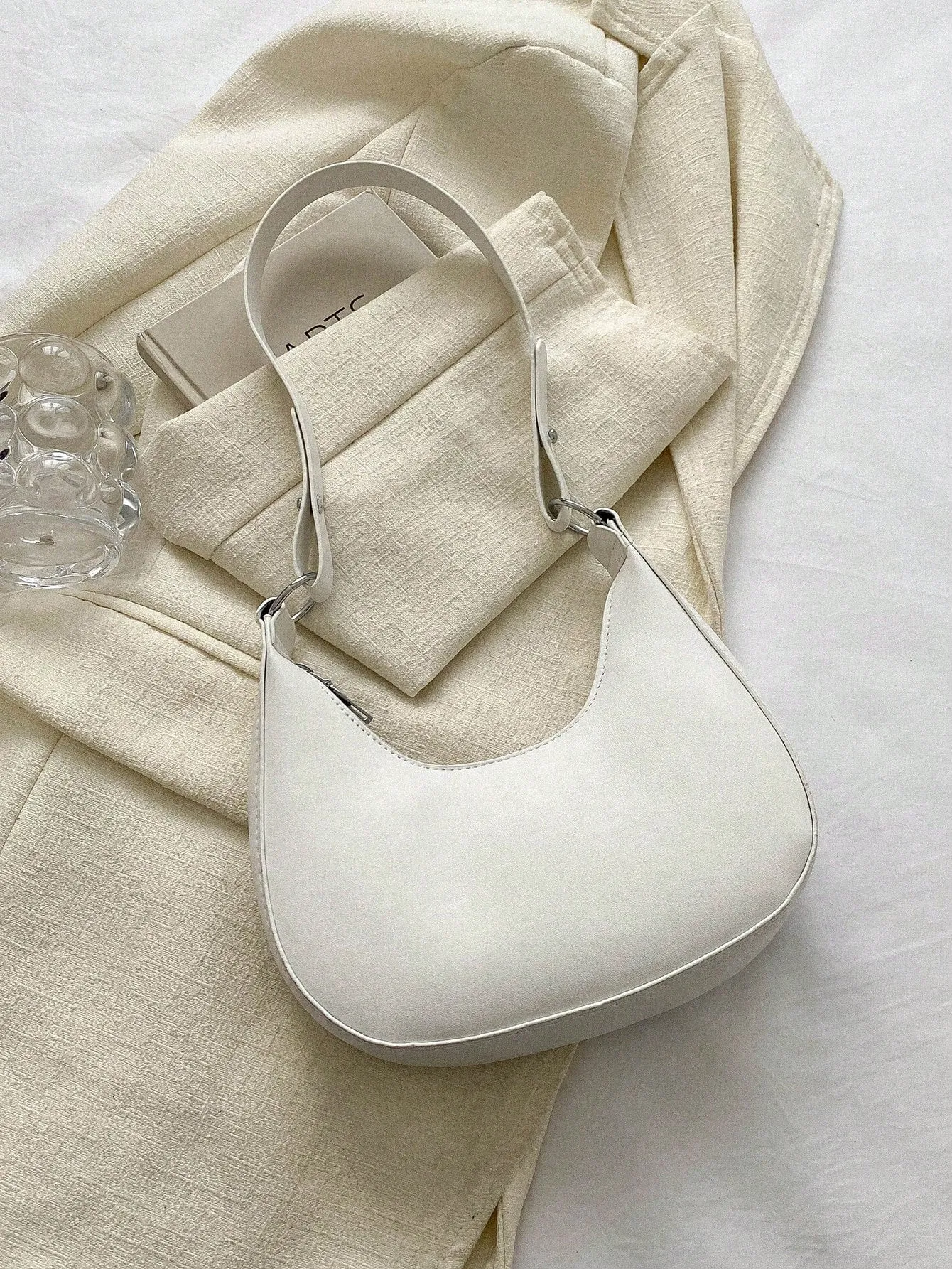 Crystal Studded Design Hobo Bag - White