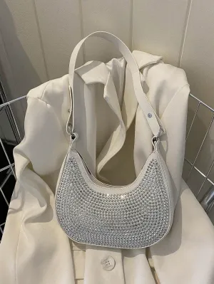 Crystal Studded Design Hobo Bag - White