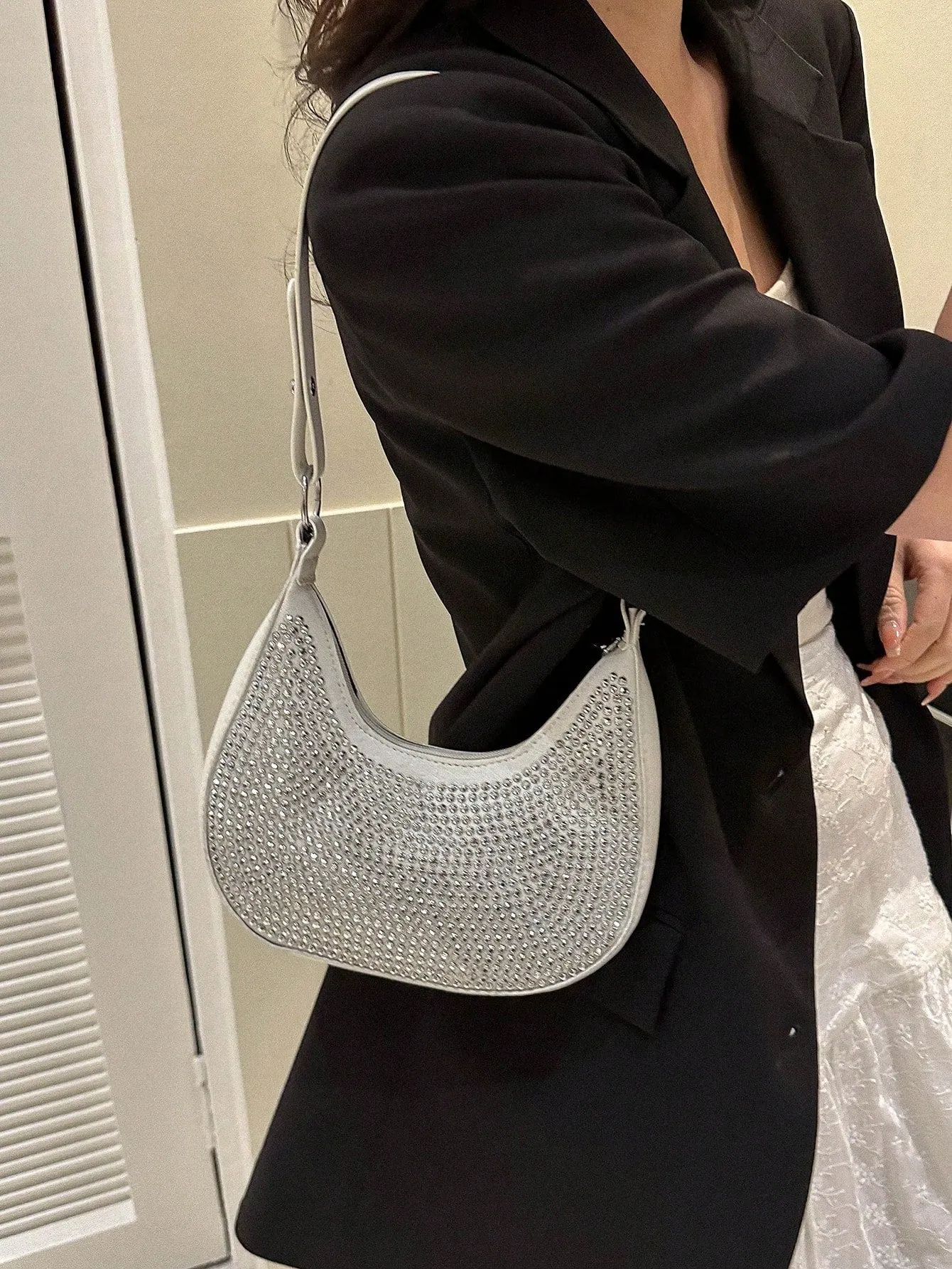 Crystal Studded Design Hobo Bag - White