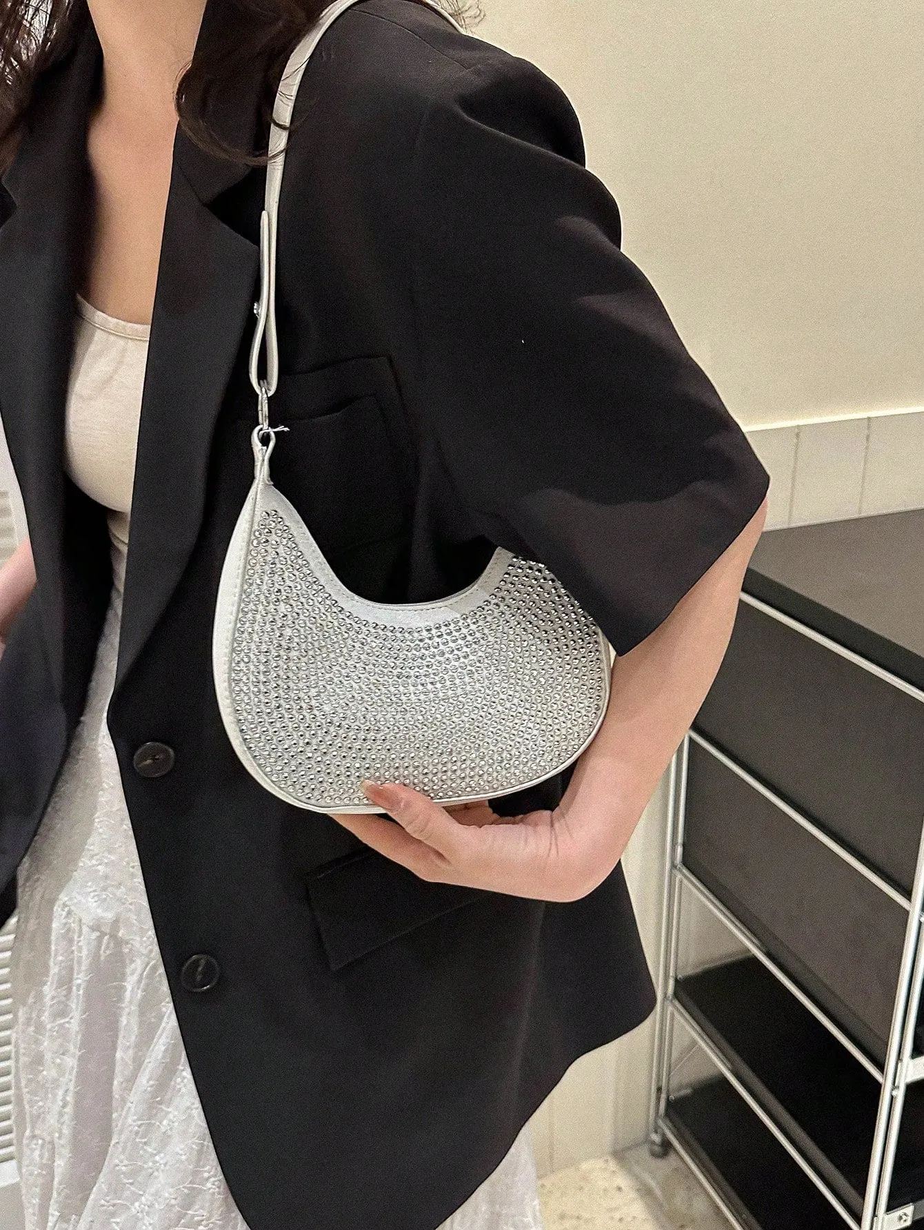 Crystal Studded Design Hobo Bag - White