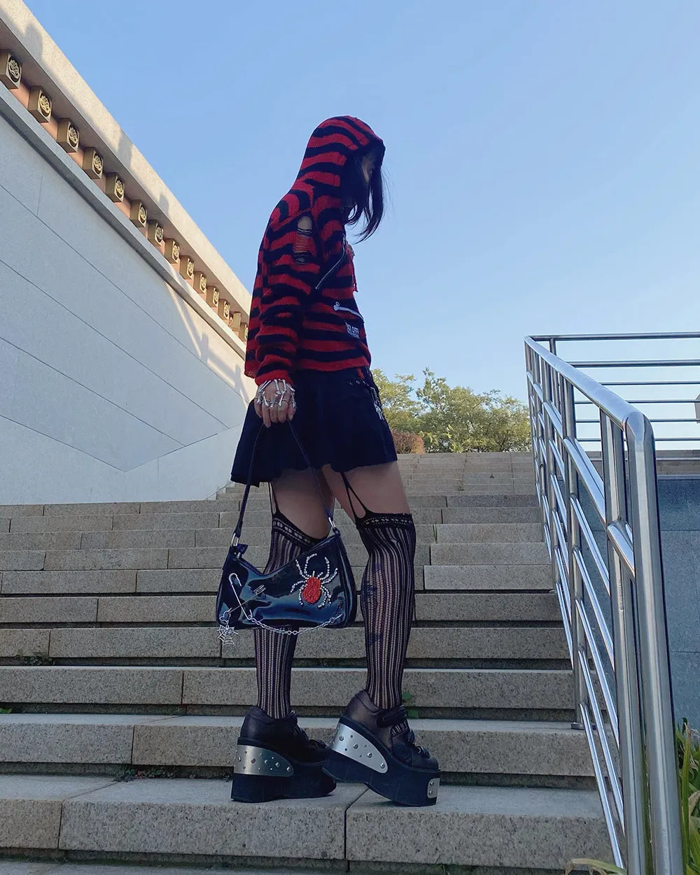 Cyflymder Punk Gothic Shoulder Bag Harajuku Patent Leather Shiny Diamond Spider Irregular Womens Bag With Chain Ladies Handbag
