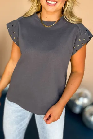 Dark Grey Studded Short Sleeve Top