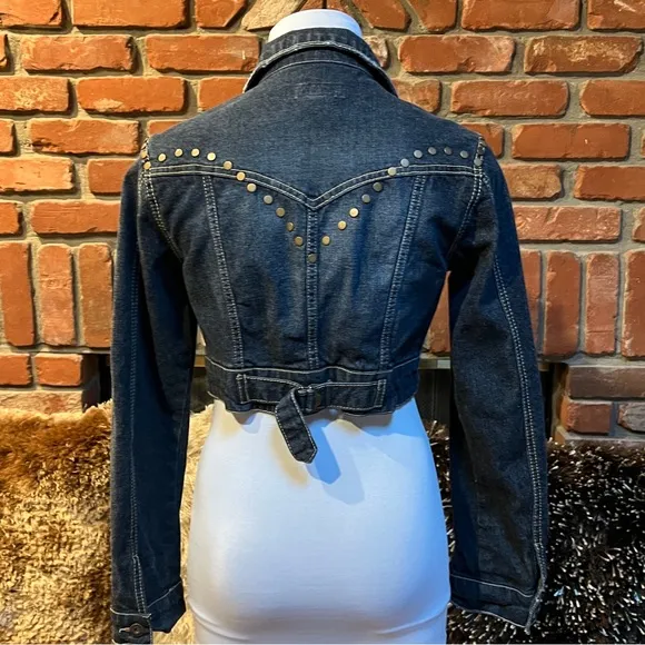 Dark Wash Blue Denim Cropped STUDDED Jean Jacket
