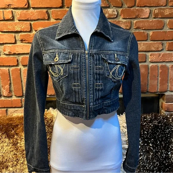 Dark Wash Blue Denim Cropped STUDDED Jean Jacket