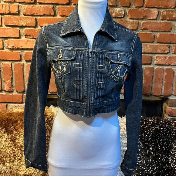 Dark Wash Blue Denim Cropped STUDDED Jean Jacket