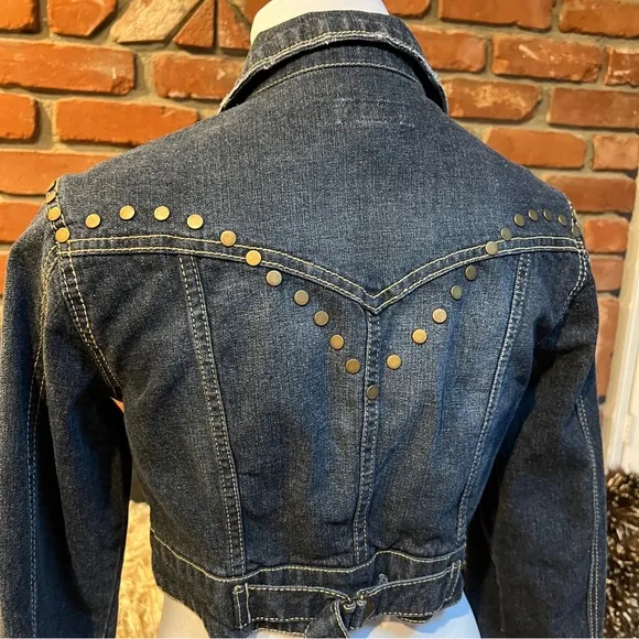 Dark Wash Blue Denim Cropped STUDDED Jean Jacket