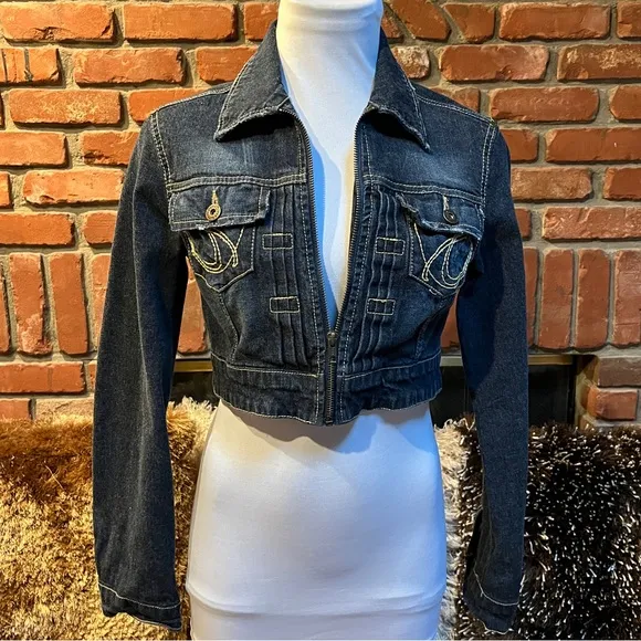 Dark Wash Blue Denim Cropped STUDDED Jean Jacket